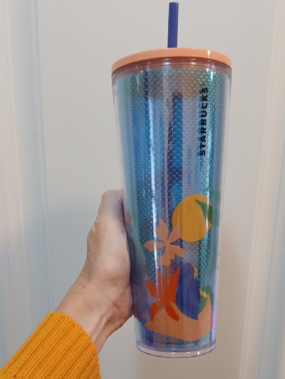 Starbucks Iridescent Blue-Peach Tumbler with Orange Lid and Purple Straw 24oz